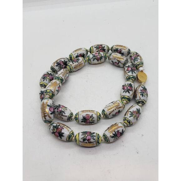 Vintage Chinese Import Porcelain Bead Necklace Hand Painted Gold Clasp Floral - Picture 5 of 9